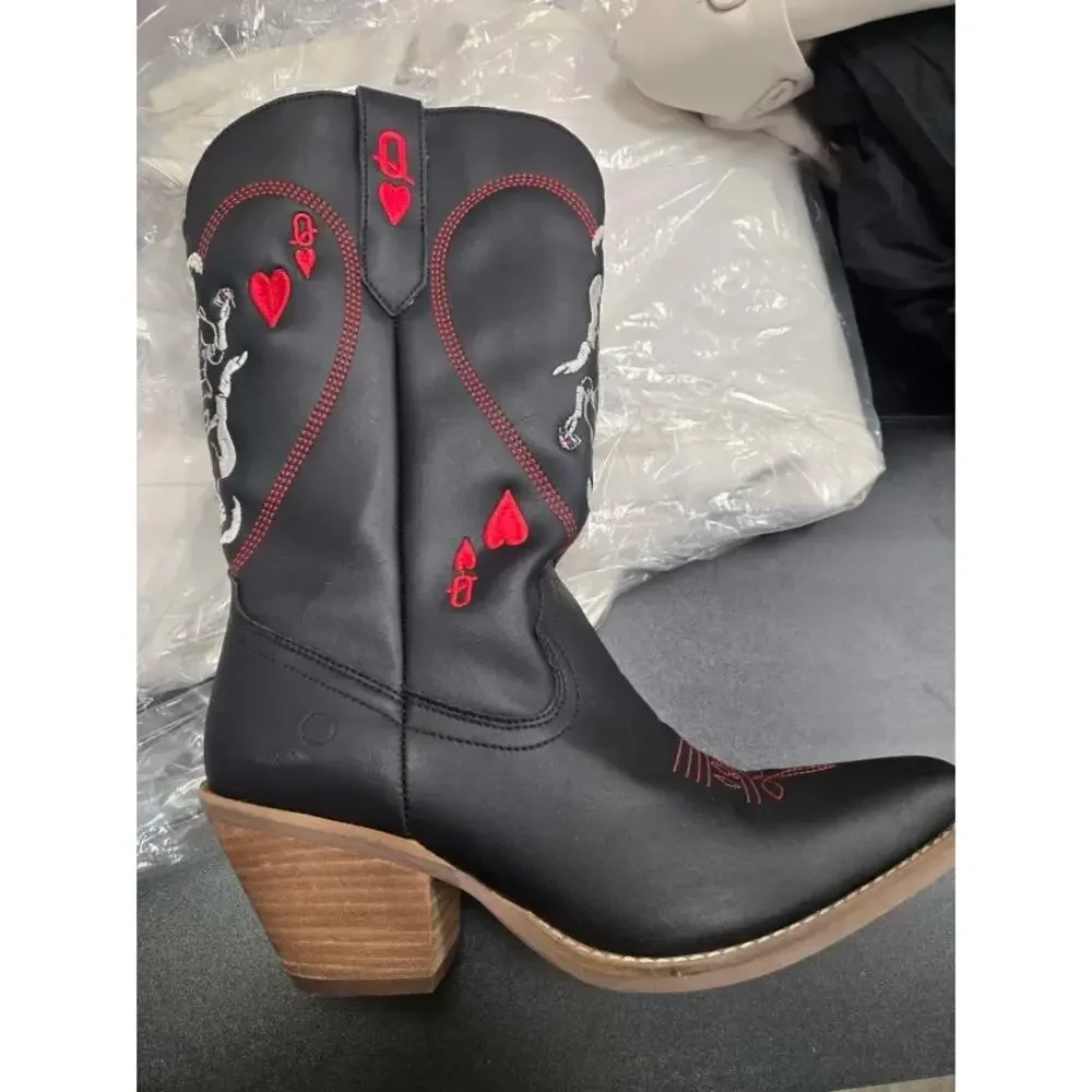 Dingo Queen A Hearts Black Leather Knee-High Western Boots 9.5 - Picture 5 of 7